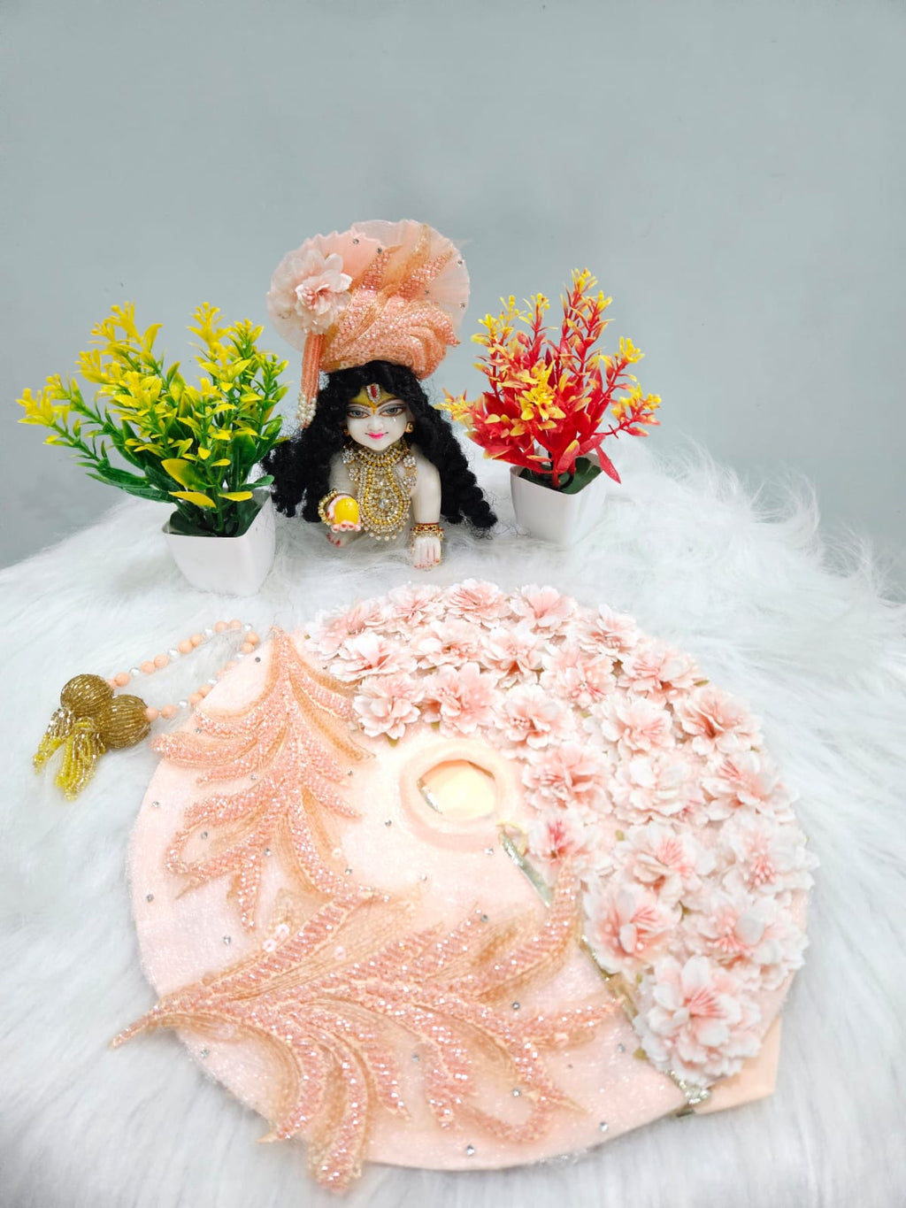 Peach Floral Laddu Gopal Dress with Mukut