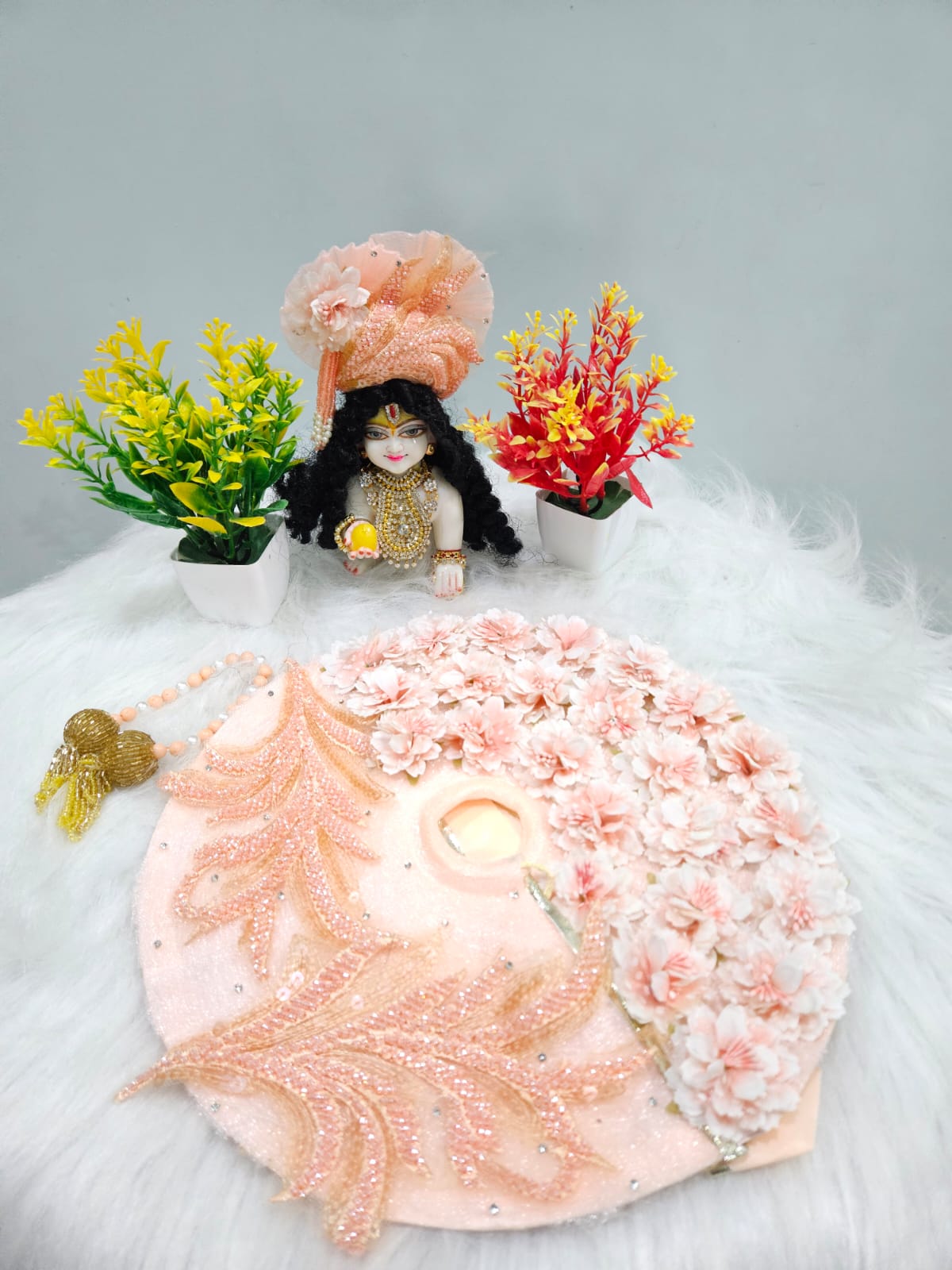 Peach Floral Laddu Gopal Dress with Mukut