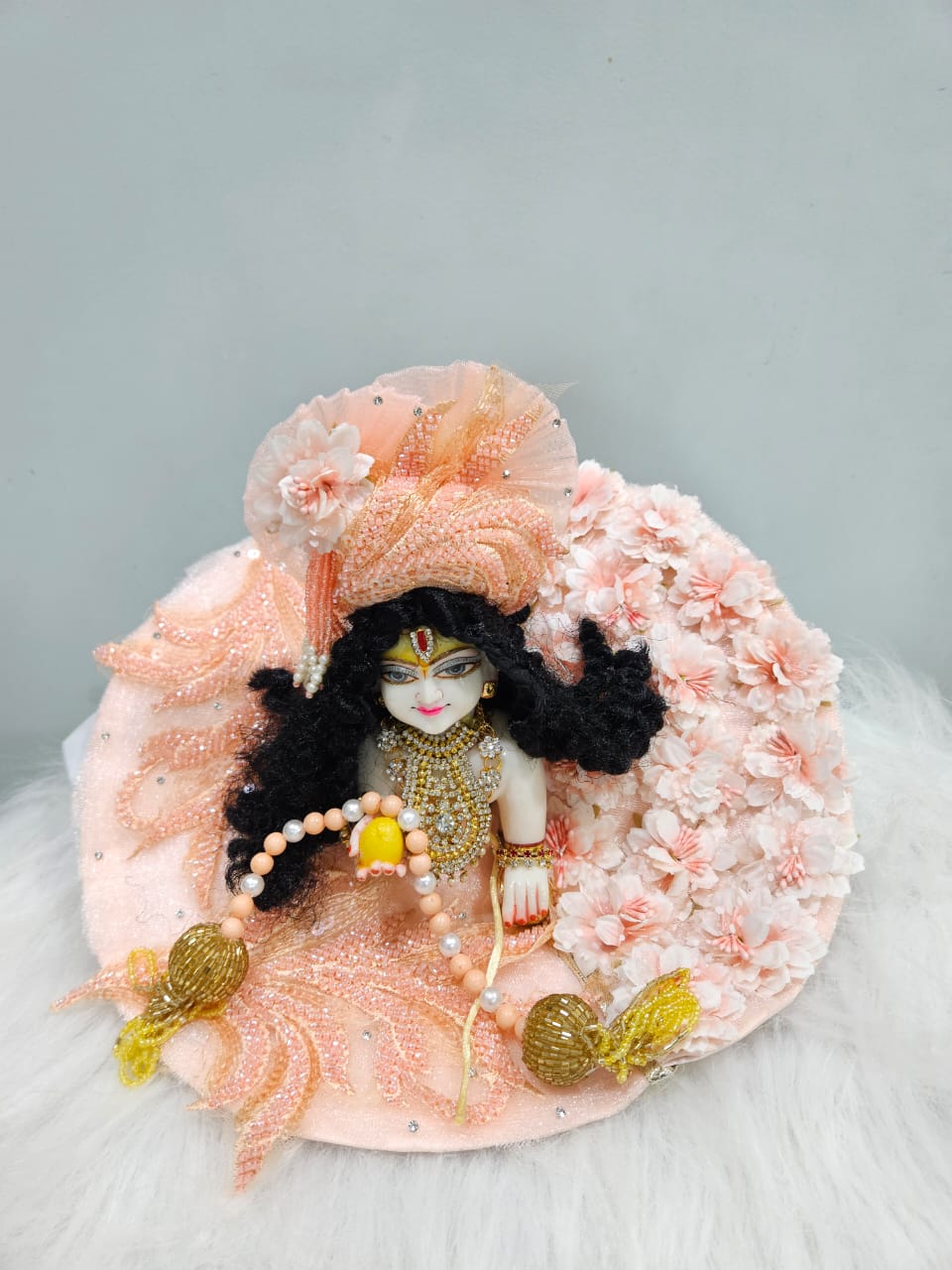 Peach Floral Laddu Gopal Dress with Mukut