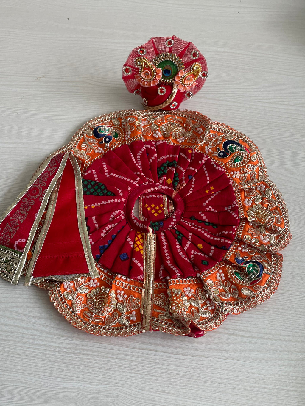 Red & Orange Embroidered Laddu Gopal Poshak | Krishna Ji Dress