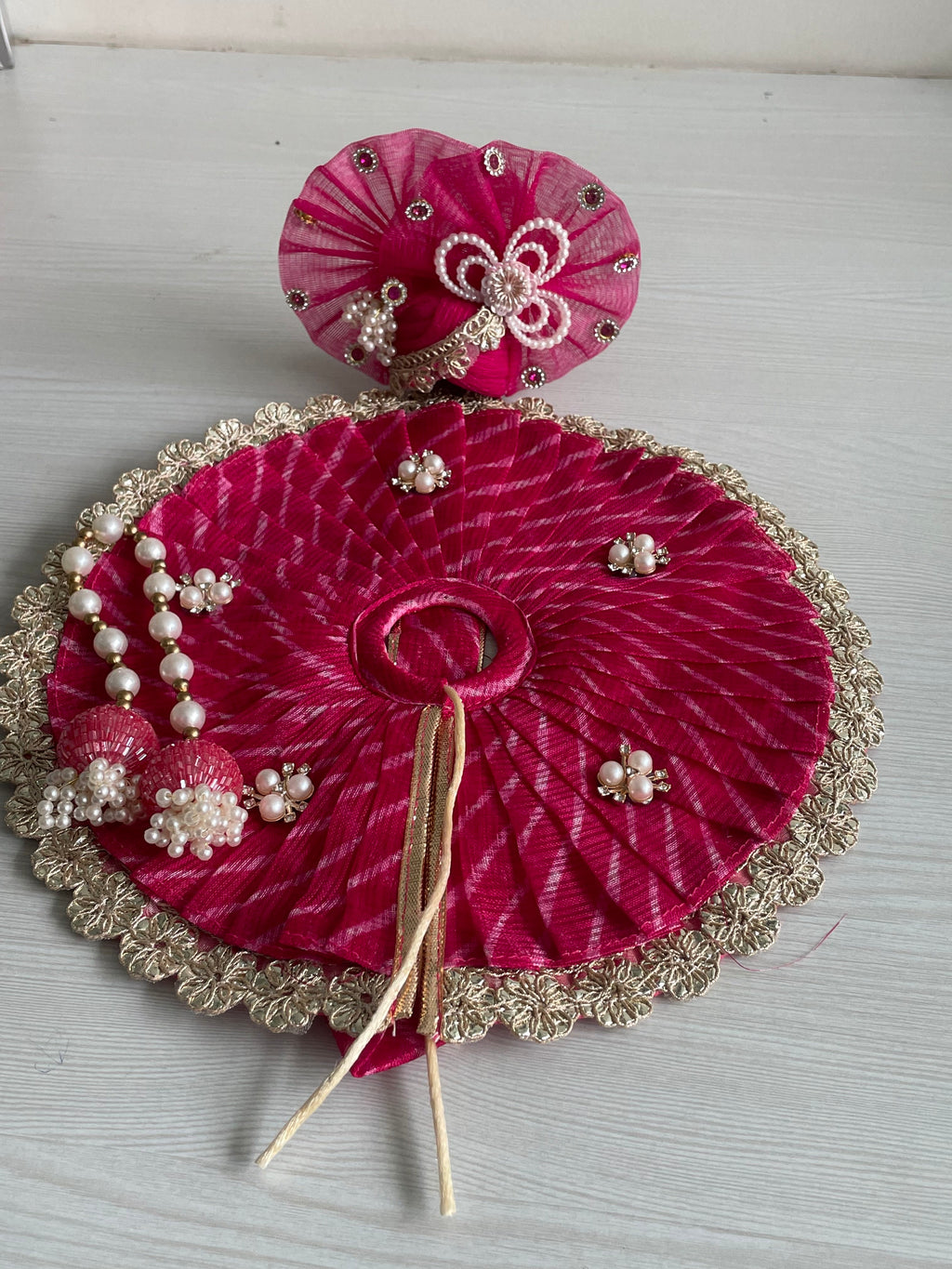 Premium Red Designer Laddu Gopal Poshak | Handmade Kanha Ji Dress with Mirror Work, Pearl Mala & Mukut | Krishna Shringar Vastra