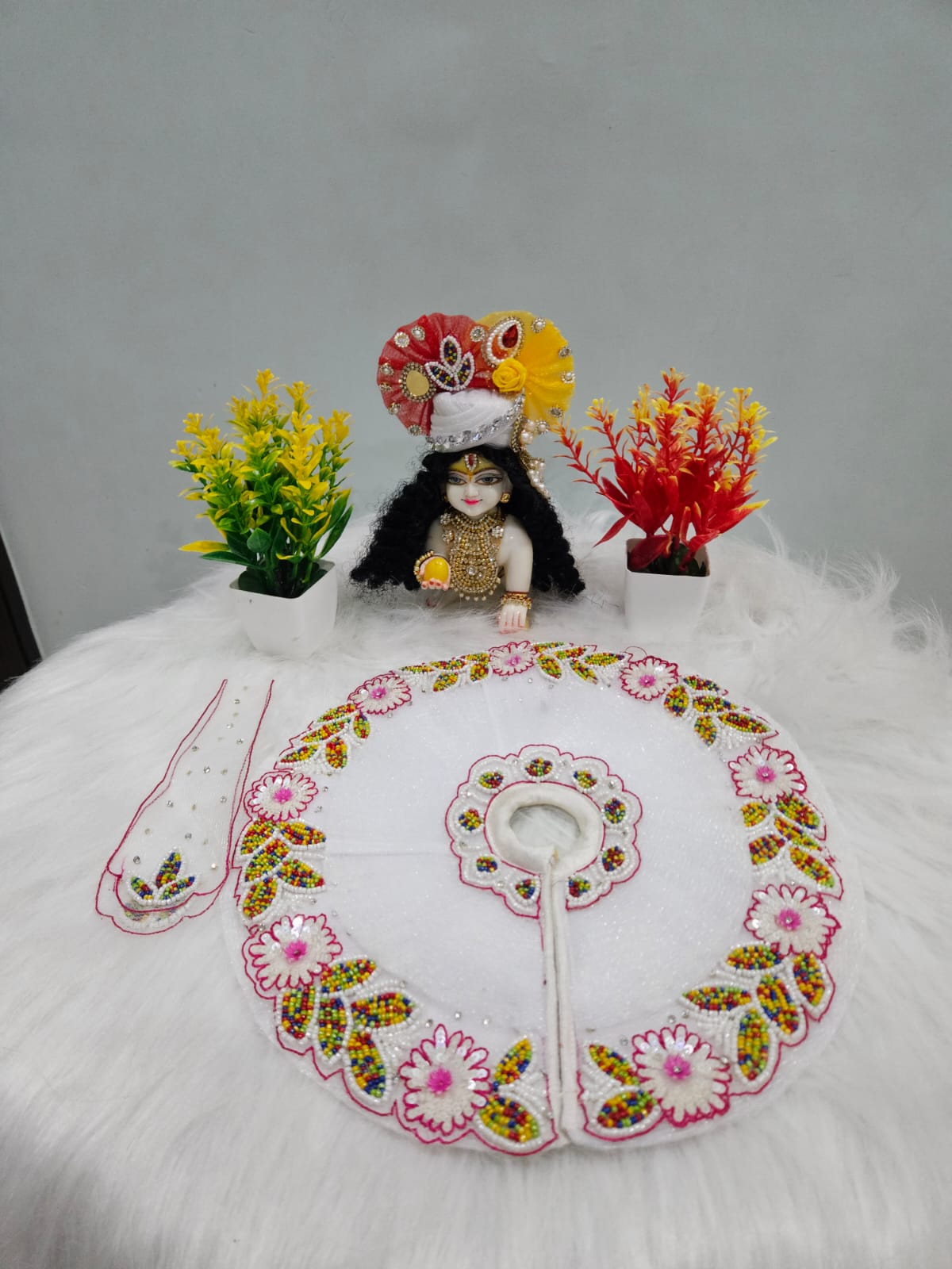 White Floral Laddu Gopal Dress with Mukut