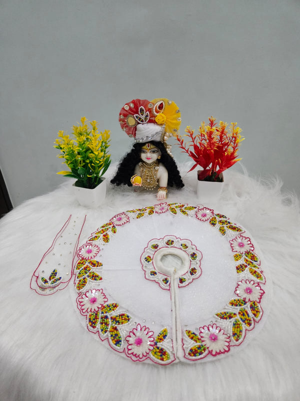 White Floral Laddu Gopal Dress with Mukut