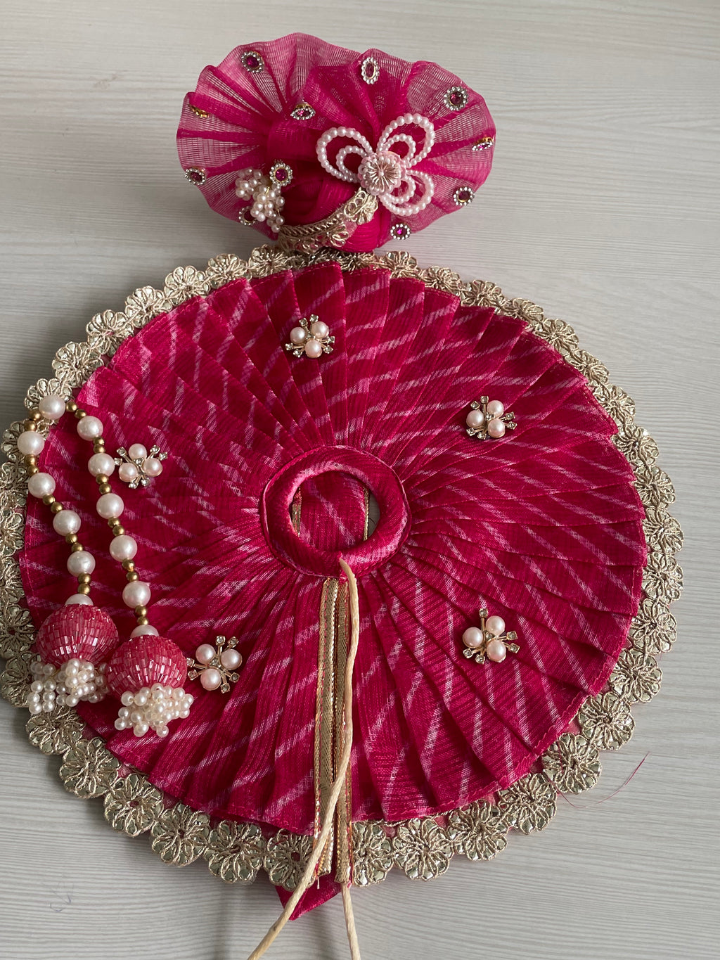 Premium Red Designer Laddu Gopal Poshak | Handmade Kanha Ji Dress with Mirror Work, Pearl Mala & Mukut | Krishna Shringar Vastra