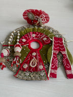 Premium Olive Green & Red Designer Laddu Gopal Poshak | Handmade Kanha Ji Dress with Pearl Work & Mukut | Krishna Shringar Vastra