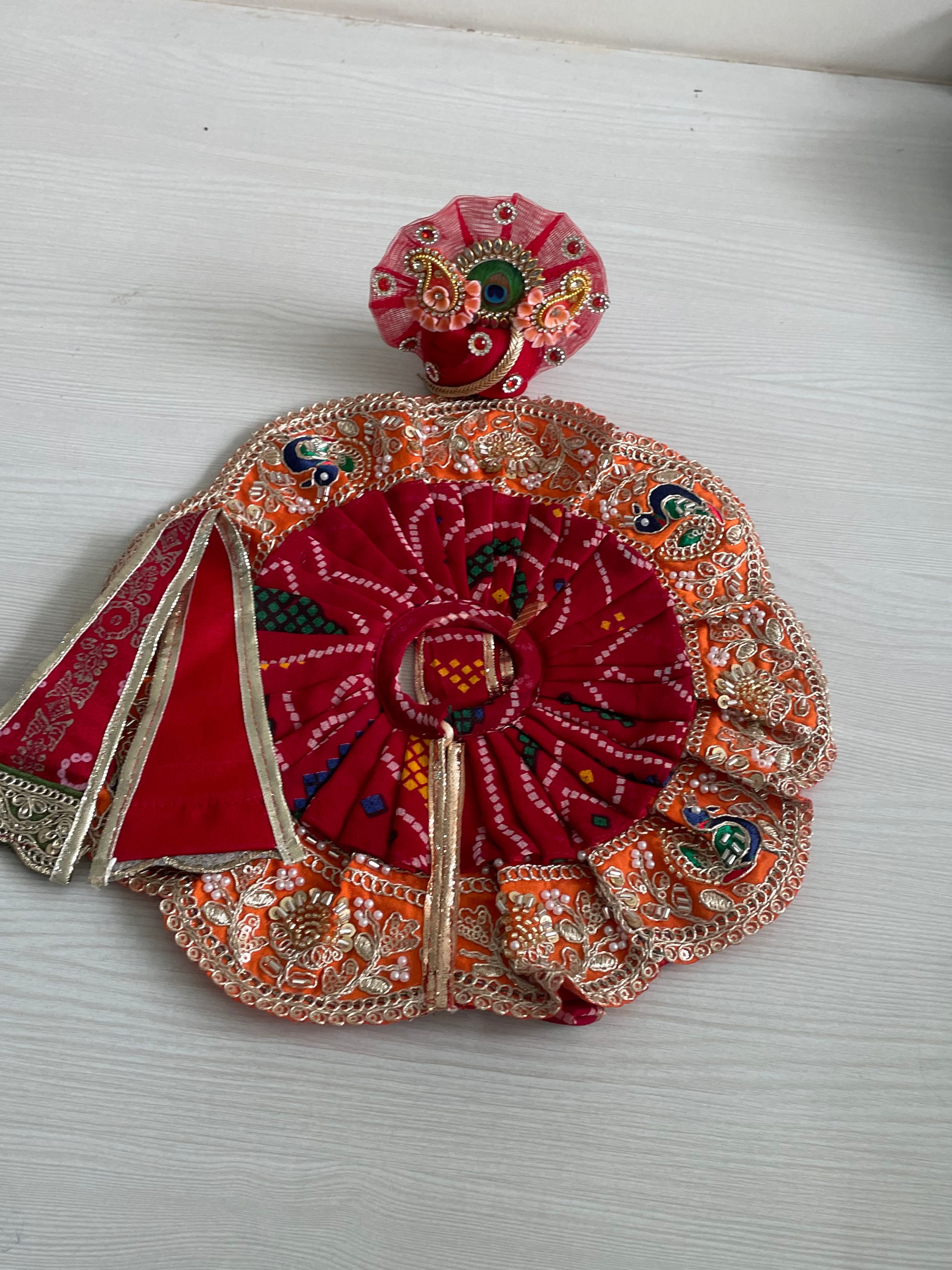 Red & Orange Embroidered Laddu Gopal Poshak | Krishna Ji Dress