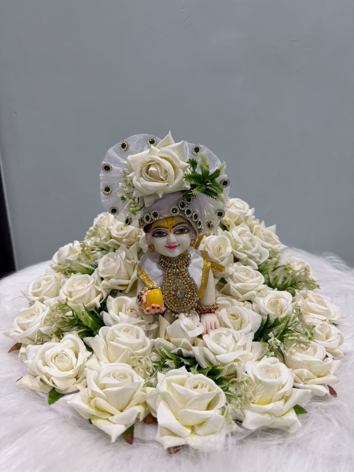 White Rose Floral Laddu Gopal Dress with Mukut