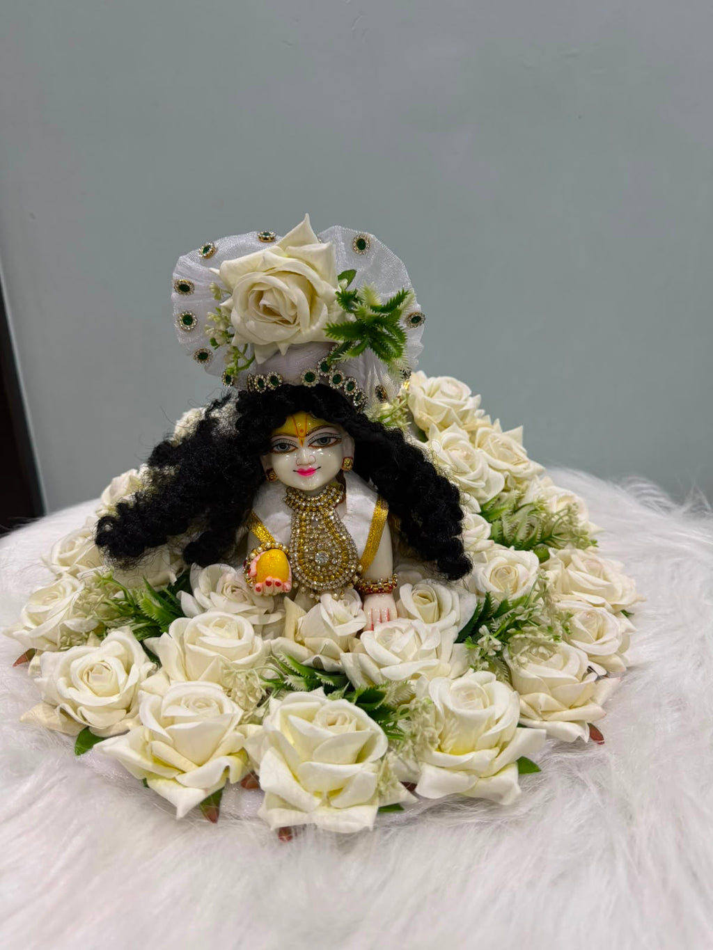 White Rose Floral Laddu Gopal Dress with Mukut