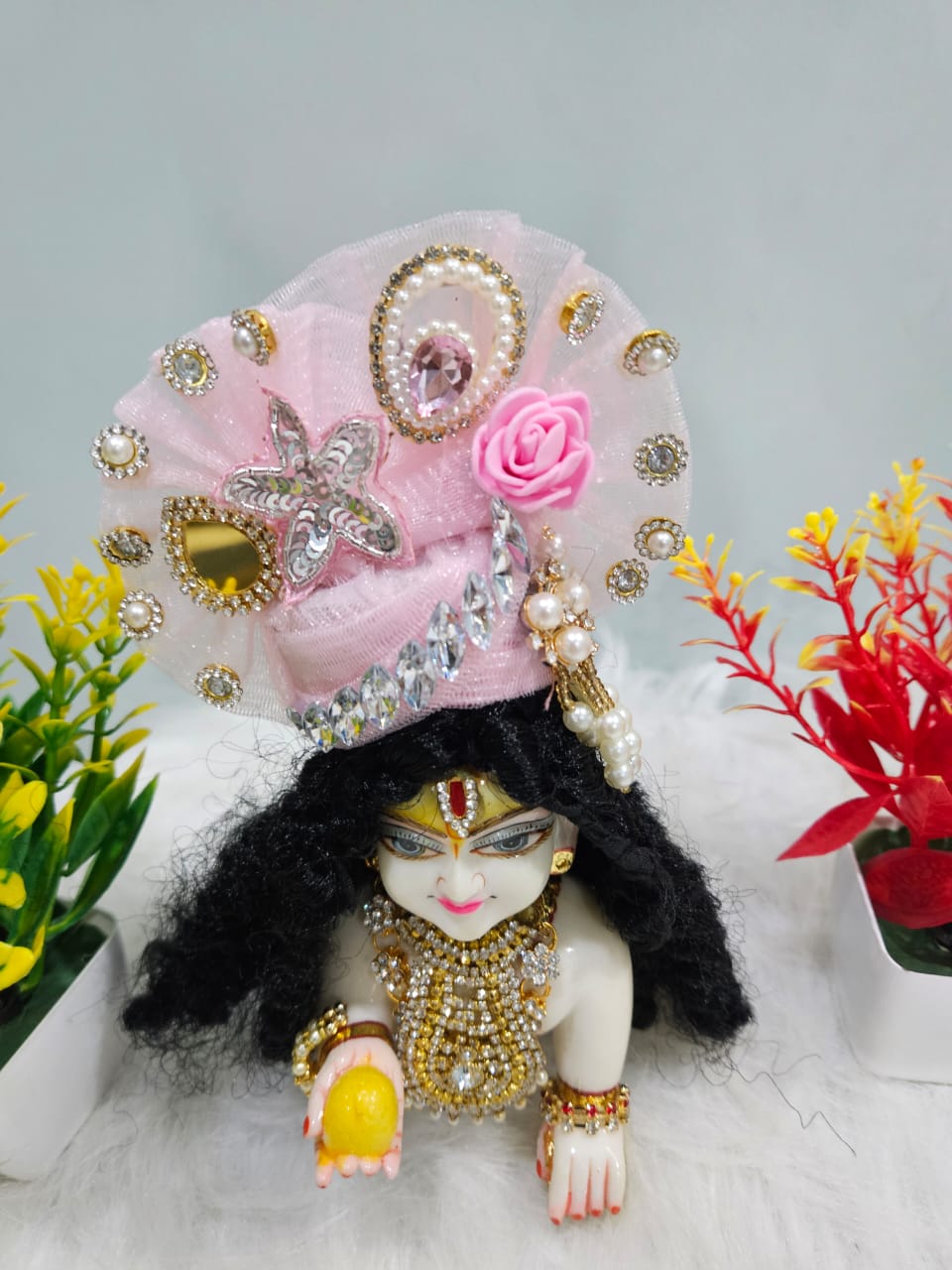 Pink Designer Laddu Gopal Dress with Mukut