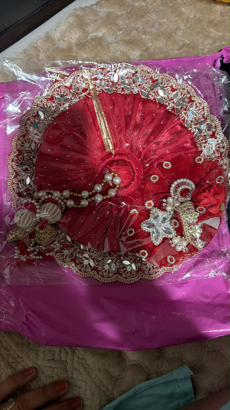 Premium Red Designer Laddu Gopal Poshak | Handmade Kanha Ji Dress with Mirror Work, Pearl Mala & Mukut | Krishna Shringar Vastra