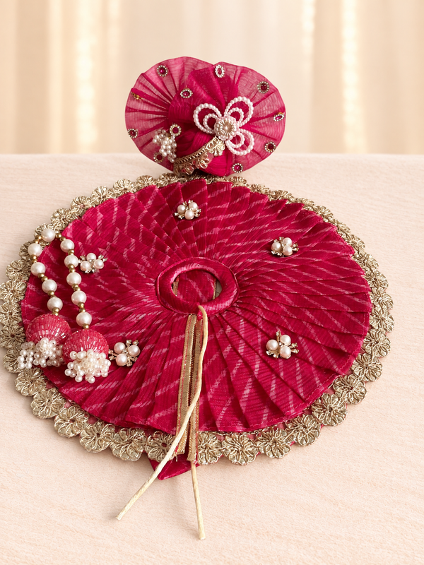 Premium Red Designer Laddu Gopal Poshak | Handmade Kanha Ji Dress with Mirror Work, Pearl Mala & Mukut | Krishna Shringar Vastra