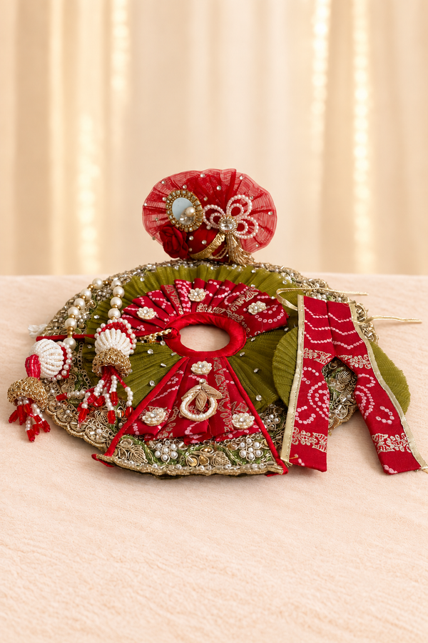 Premium Olive Green & Red Designer Laddu Gopal Poshak | Handmade Kanha Ji Dress with Pearl Work & Mukut | Krishna Shringar Vastra