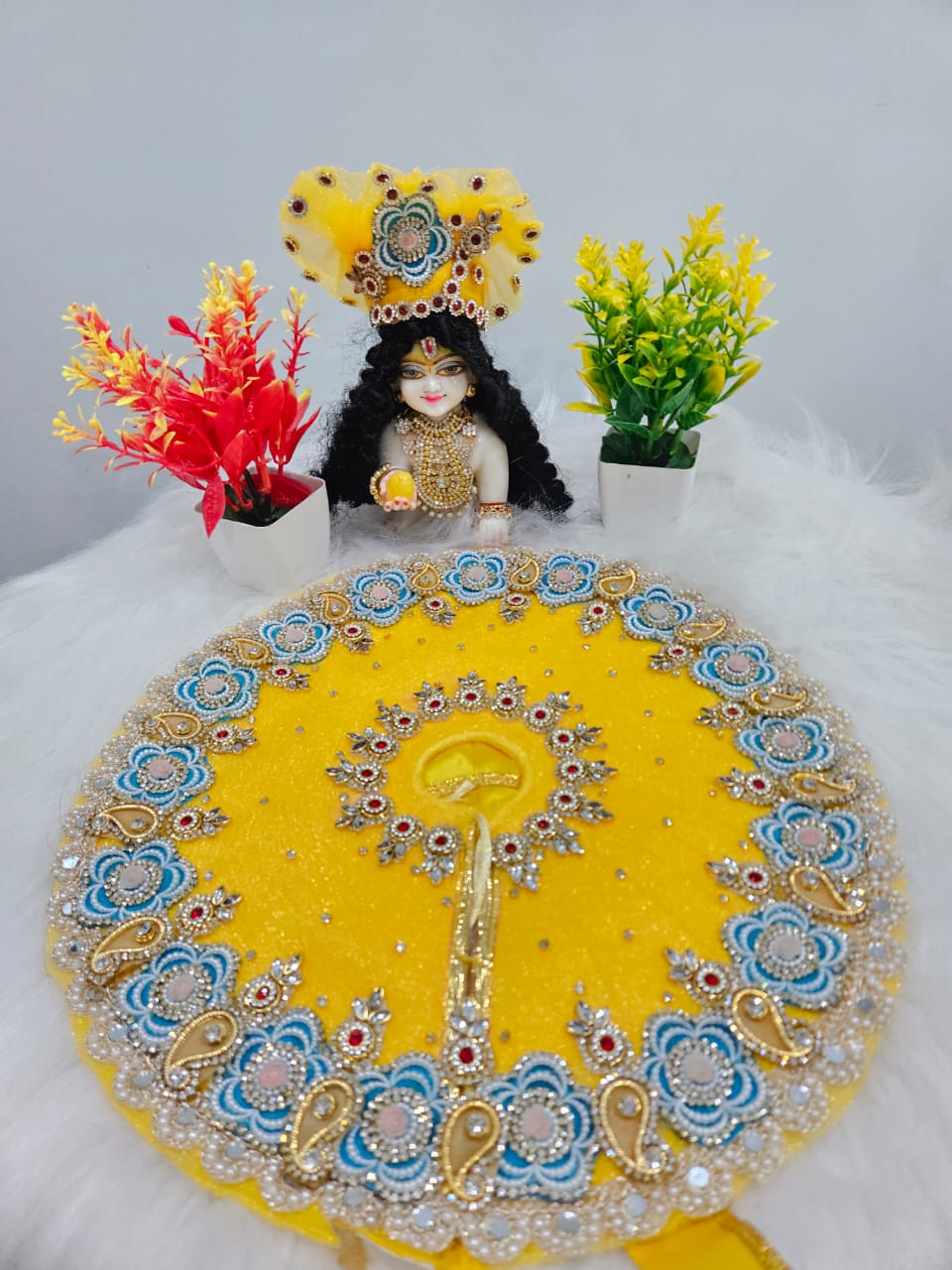 Yellow Pearl Embroidered Laddu Gopal Poshak | Krishna Ji Dress