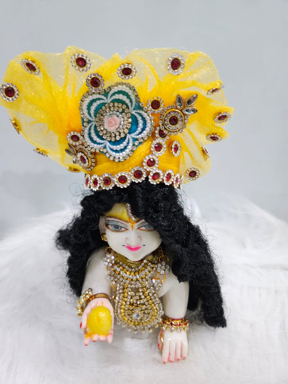 Yellow Pearl Embroidered Laddu Gopal Poshak | Krishna Ji Dress