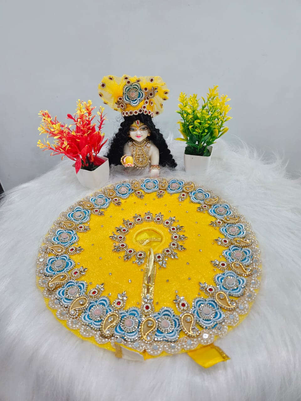 Yellow Pearl Embroidered Laddu Gopal Poshak | Krishna Ji Dress