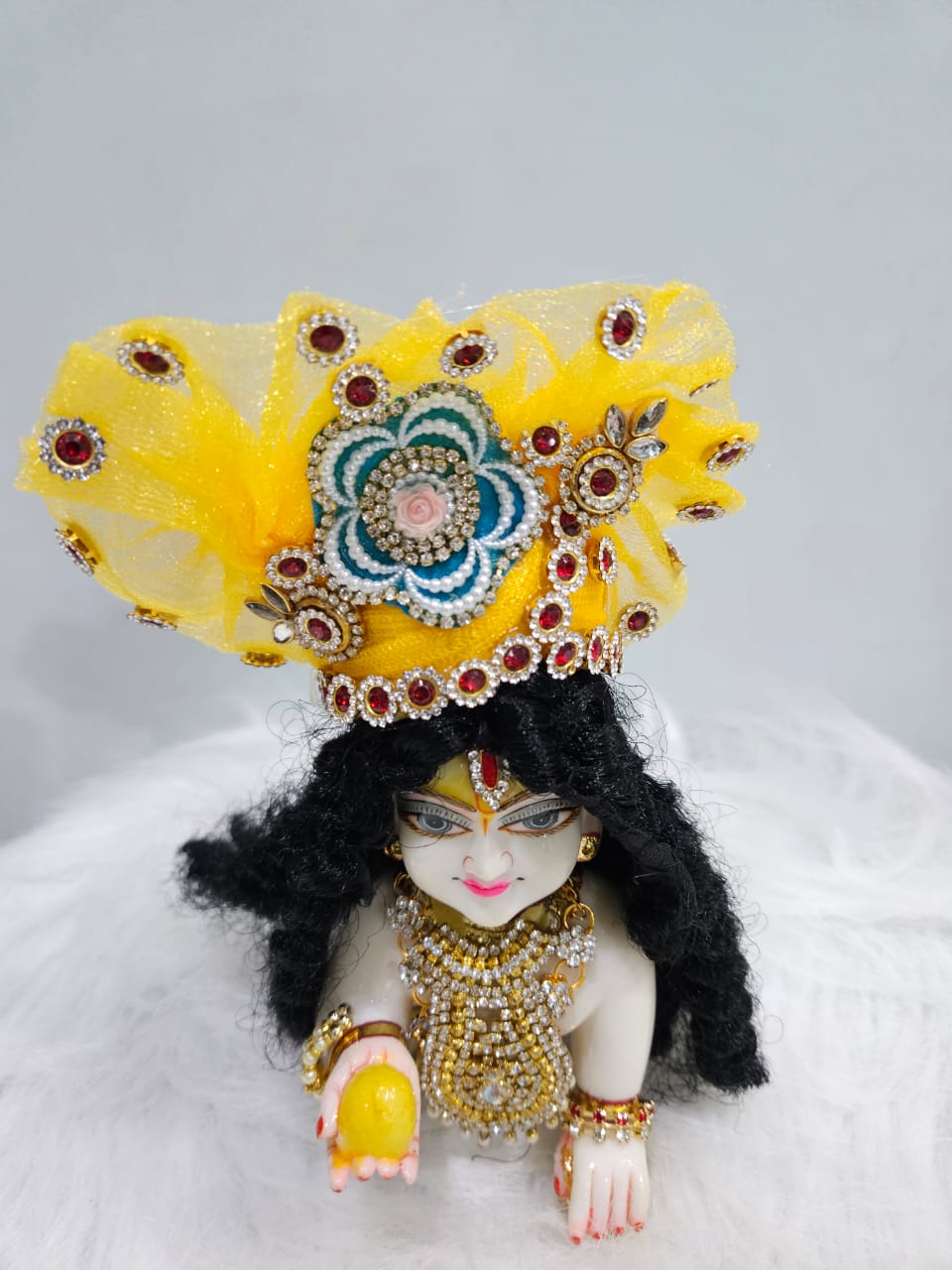 Yellow Pearl Embroidered Laddu Gopal Poshak | Krishna Ji Dress