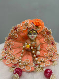 Beautiful Peach Designer Laddu Gopal Dress with Pearl Work, Flower Embellishments & Moti Mala