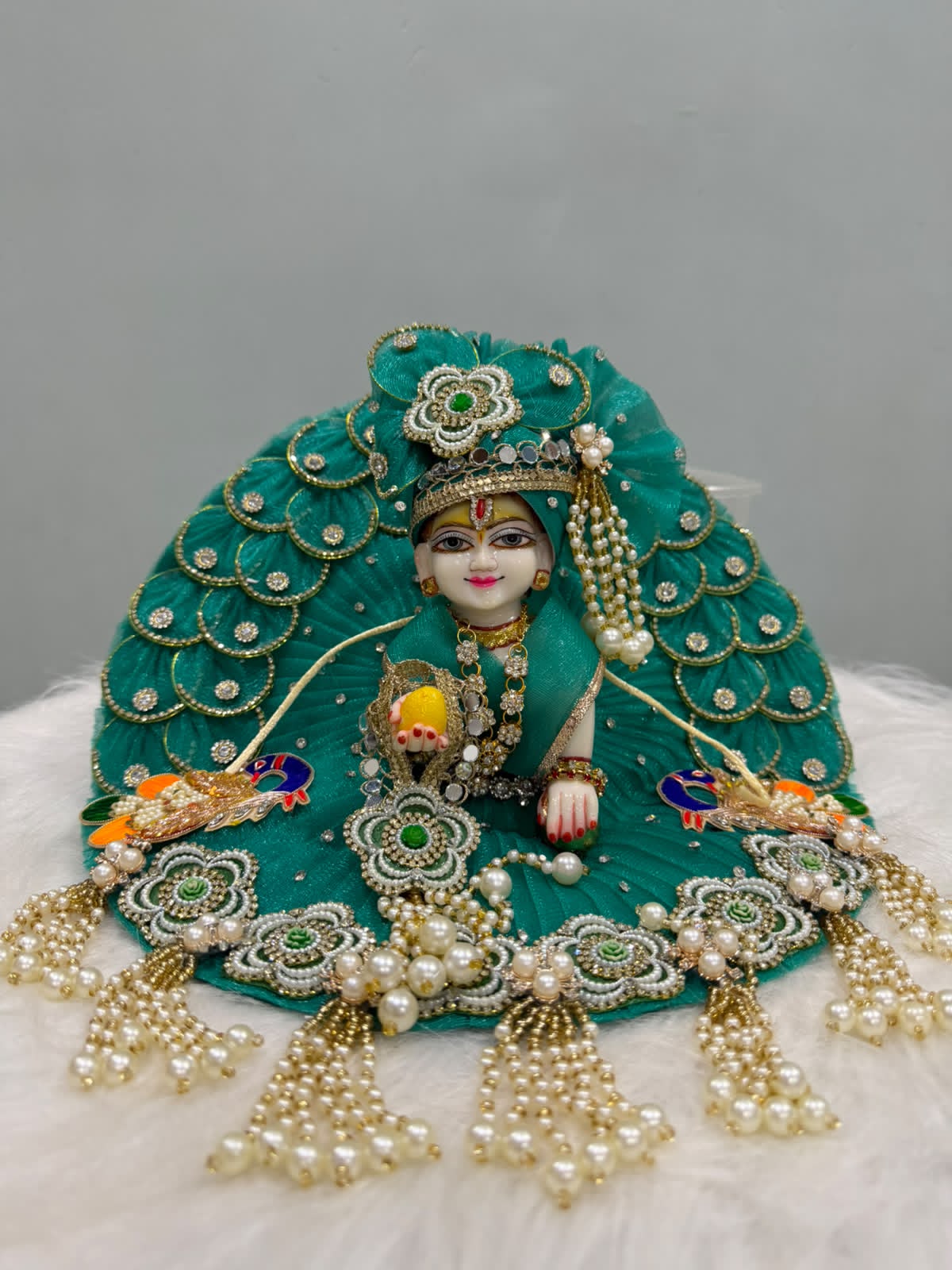 Premium Peacock Green Laddu Gopal Designer Dress with Pearl Work, Floral Embroidery & Moti Mala