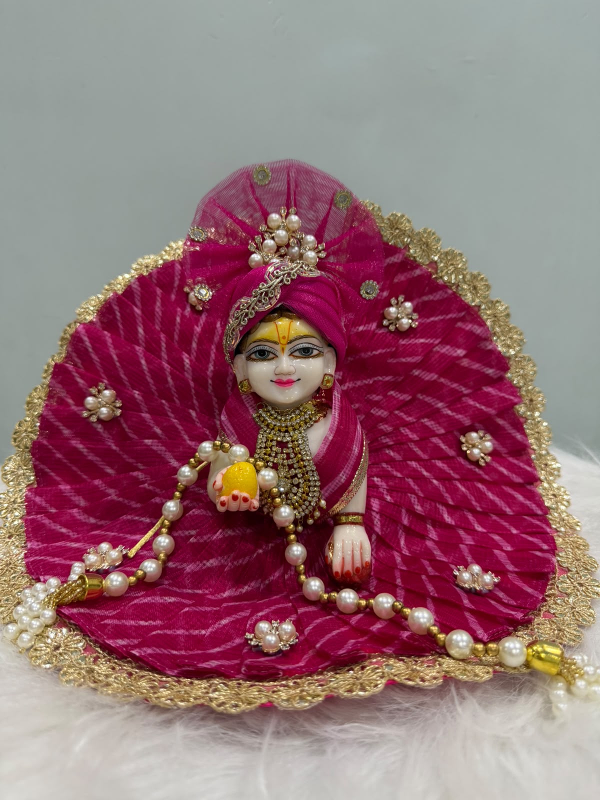 Premium Red Designer Laddu Gopal Poshak | Handmade Kanha Ji Dress with Mirror Work, Pearl Mala & Mukut | Krishna Shringar Vastra