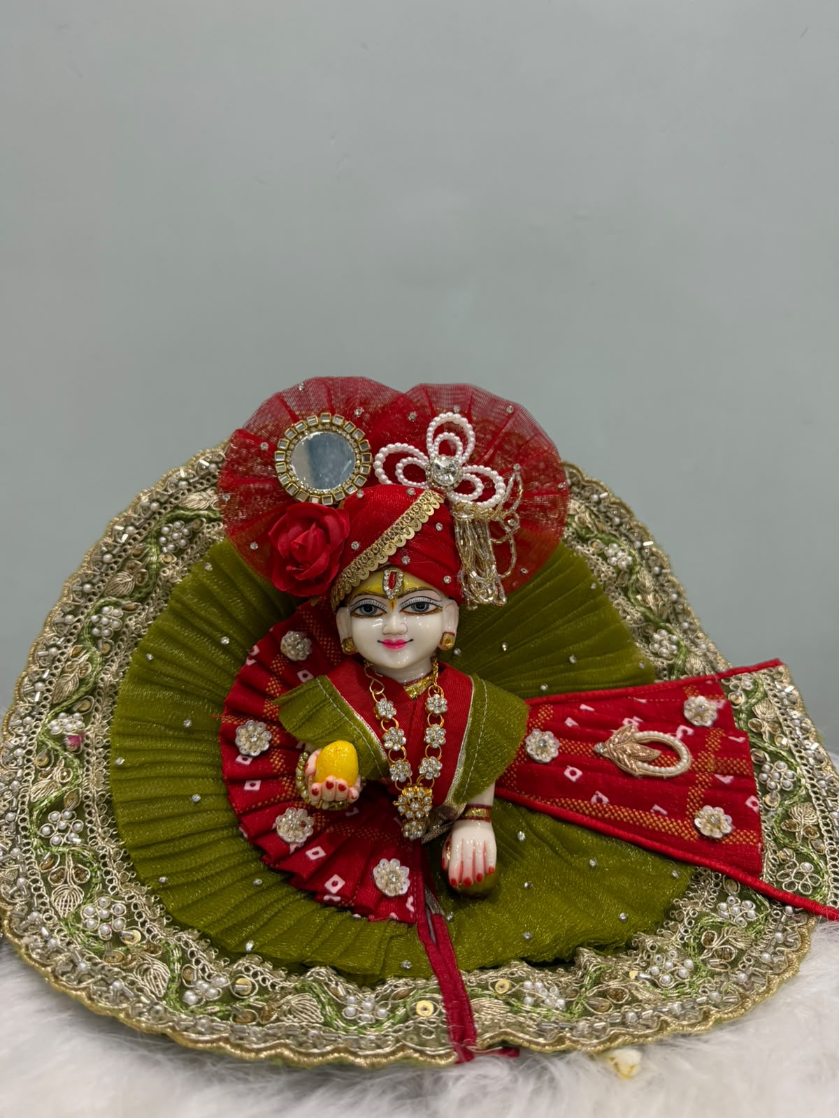Premium Olive Green & Red Designer Laddu Gopal Poshak | Handmade Kanha Ji Dress with Pearl Work & Mukut | Krishna Shringar Vastra