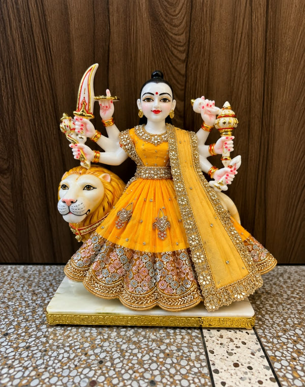 Yellow & Orange Mata Rani Poshak Set with Golden Lace & Embellished Skirt
