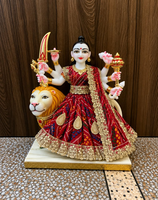 Red Bandhani Mata Rani Poshak Set with Golden Lace & Embroidered Border